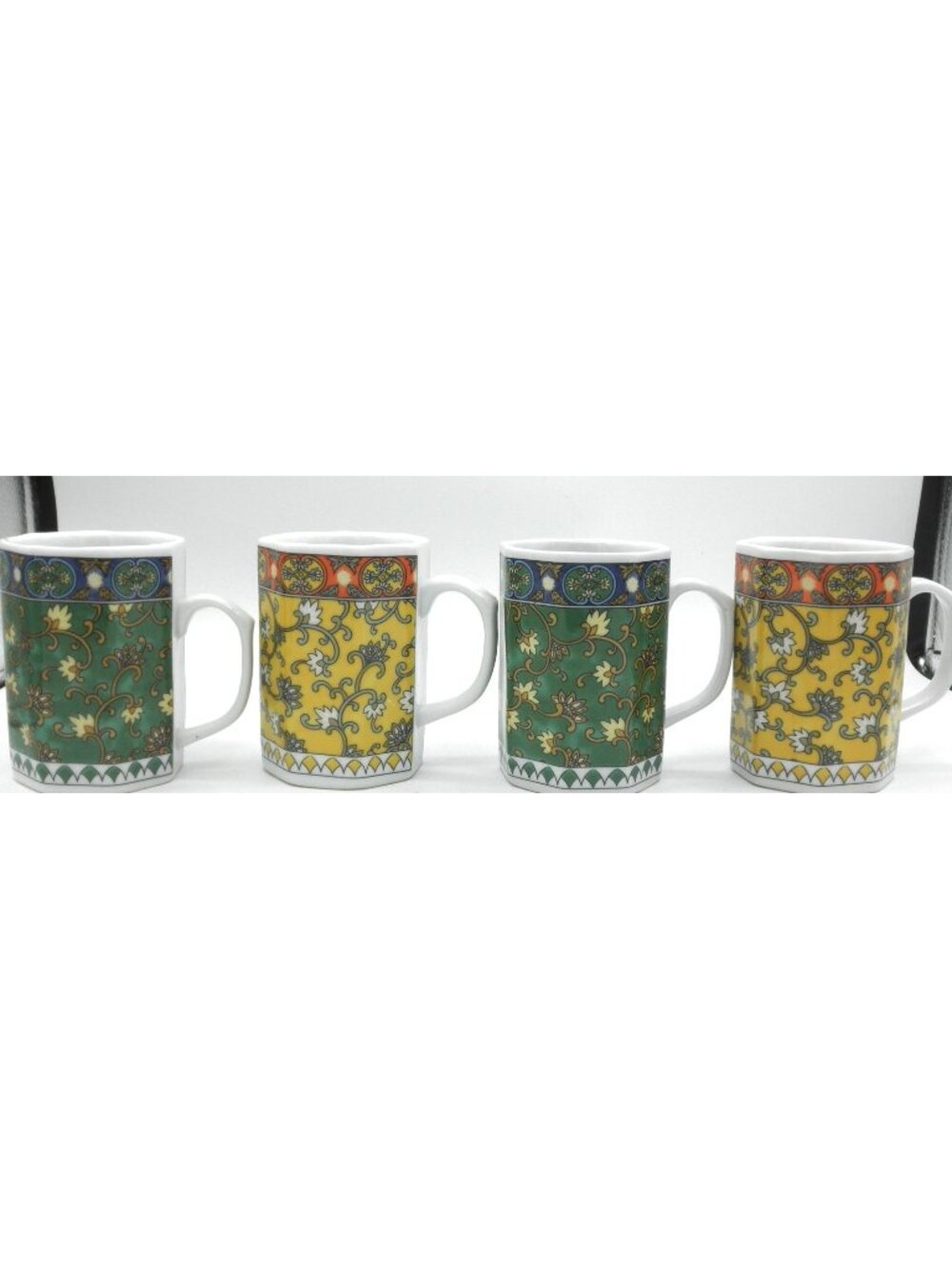 VTG Octagonal 8 Oz Mug Set of 4 by MCL Arabesque Tapestry Pattern Green & Yellow